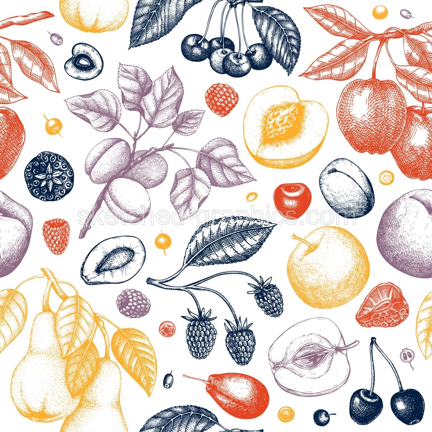 Berry and fruit tree background in color. Hand drawn cherry, plum, apple, peach, apricot, raspberry, strawberry in sketch style. Healthy food seamless pattern in vintage style. Illustration